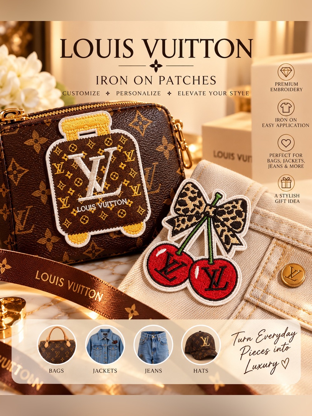 Brown Monogram Luggage & Red Cherry Logo Patch Set